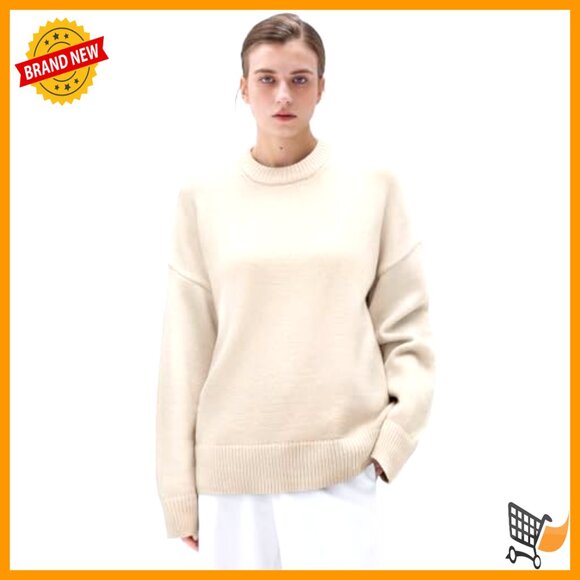 Cashmere Blend Oversized Pullover Sweater Cozy Chunky Knit Minimal Chic - Picture 4 of 5